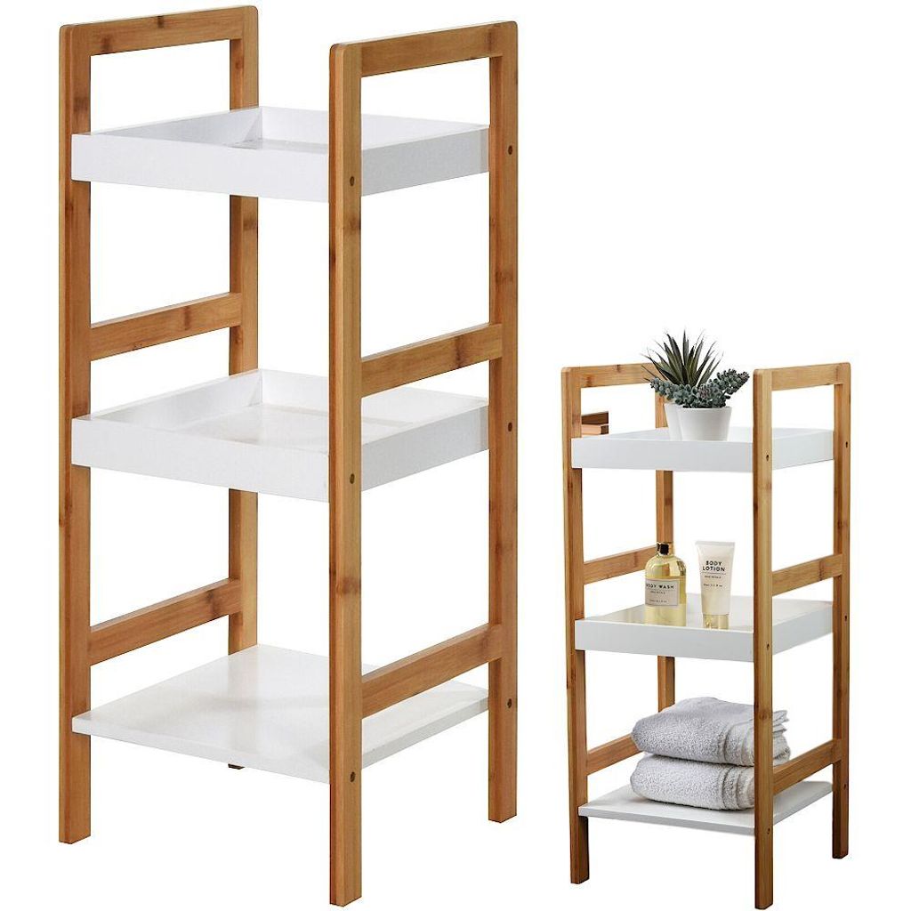 Bathroom Solutions Stehregal | Badregal mit 3 Ablagen aus Bambusholz MDF für Kosmetika Badzubehör