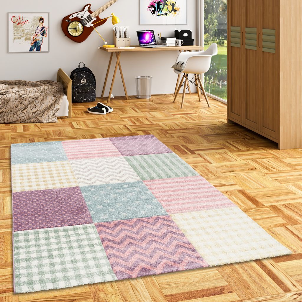 Kinder Teppich Maui Kids Pastel Bunt Karo Sterne, Produktbild 