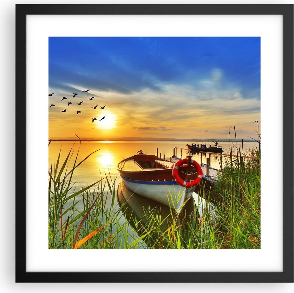 Gerahmtes Poster - Schwarzer Rahmen - Boot See Sonnenuntergang Sommer Menschen - 40x40 cm - Wand Bild - Wanddeko - Wandbilder - Wandposter - Bilder...