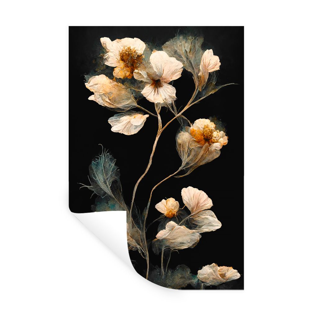 MuchoWow Wandtattoo Wandsticker Wandaufkleber Blumen - Schwarz - Pflanzen - Vintage 20x30 cm Selbstklebend und Repositionierbar - Sticker - Dekor...