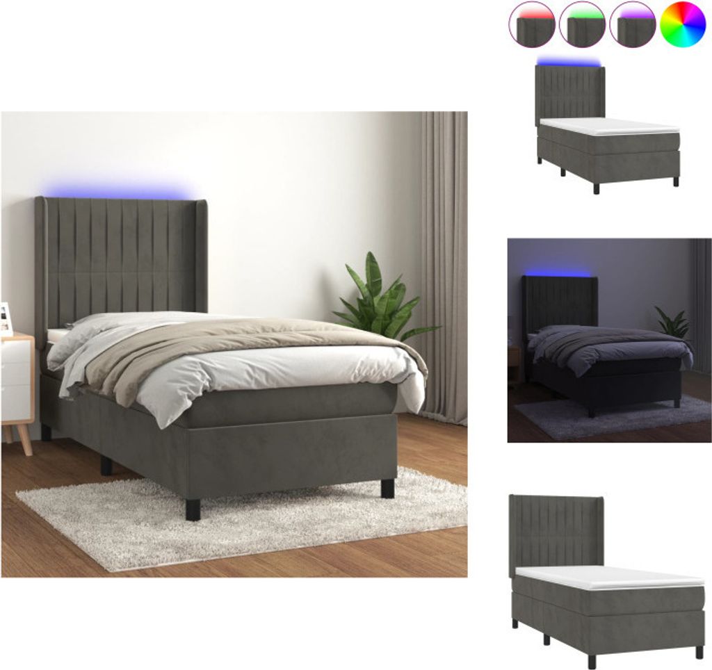 vidaXL Boxspringbett mit Matratze & LED Dunkelgrau 90x200 cm Samt - Betten & Bettgestelle