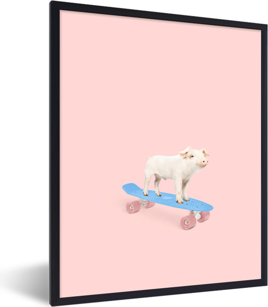 MuchoWow Gerahmtes Poster Schwein - Rosa - Skateboard - Blau - Tiere 60x80 cm - Poster mit Schwarzem Bilderrahmen Wandposter Rahmen Foto Bilder -...