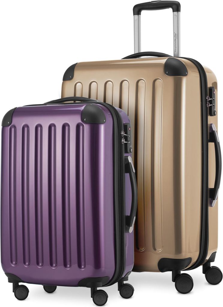 Alex - 2er Set Handgepäck + Mittelgroßer Koffer, Kofferset Resekofffer Trolleys Hartschale Polycarbonat glänzend,Champagner-Aubergine
