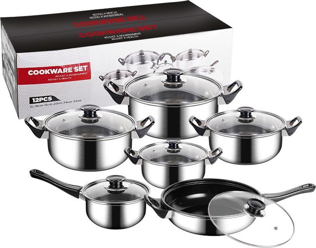 12-teiliges Kochgeschirrset aus Edelstahl Topfset Kochset Induktion Gas Halogen Kochbesteck