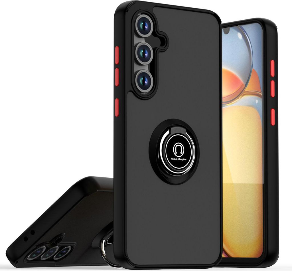 Hülle für Samsung Galaxy S24 FE Matte Transluzent TPU Stoßfest Schutzhülle mit Ring Halter Ständer Schwarz Rot