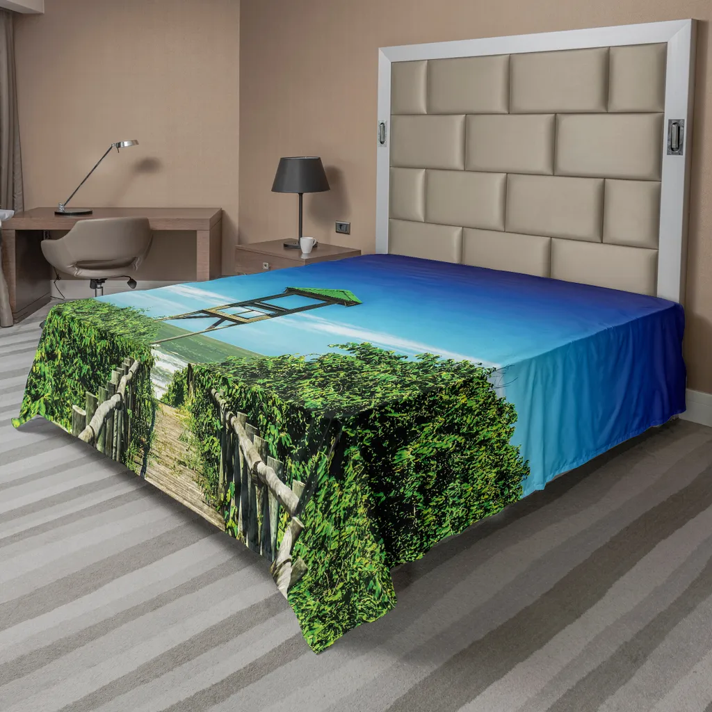 Drap plat ABAKUHAUS 244x205 cm motif ponton tropical bleu et vert