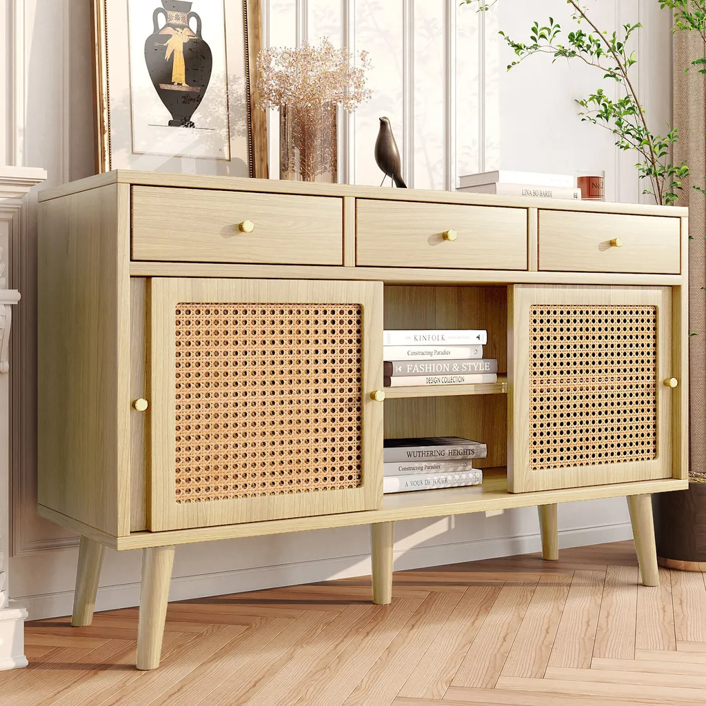 Buffet bas en bois massif et rotin avec 3 tiroirs et portes coulissantes