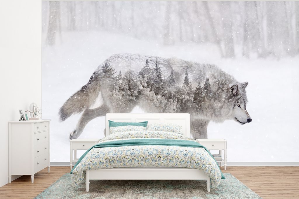 MuchoWow Fototapete für Wohnzimmer oder Schlafzimmer Wandtapete Vinyl Motivtapete Wolf - Winter - Wald - 320x240 cm - Tapeten