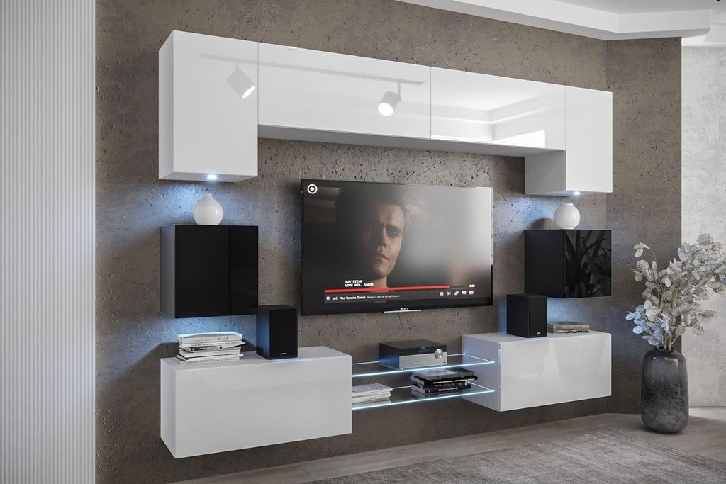 Furnitech Wohnwand Wohnzimmer - Wohnzimmer Möbel mit LED Weiß - Hängend Wohnwand Modern - Regale und TV Schrank (Nowara ANX1-17WB-HG22-1A)