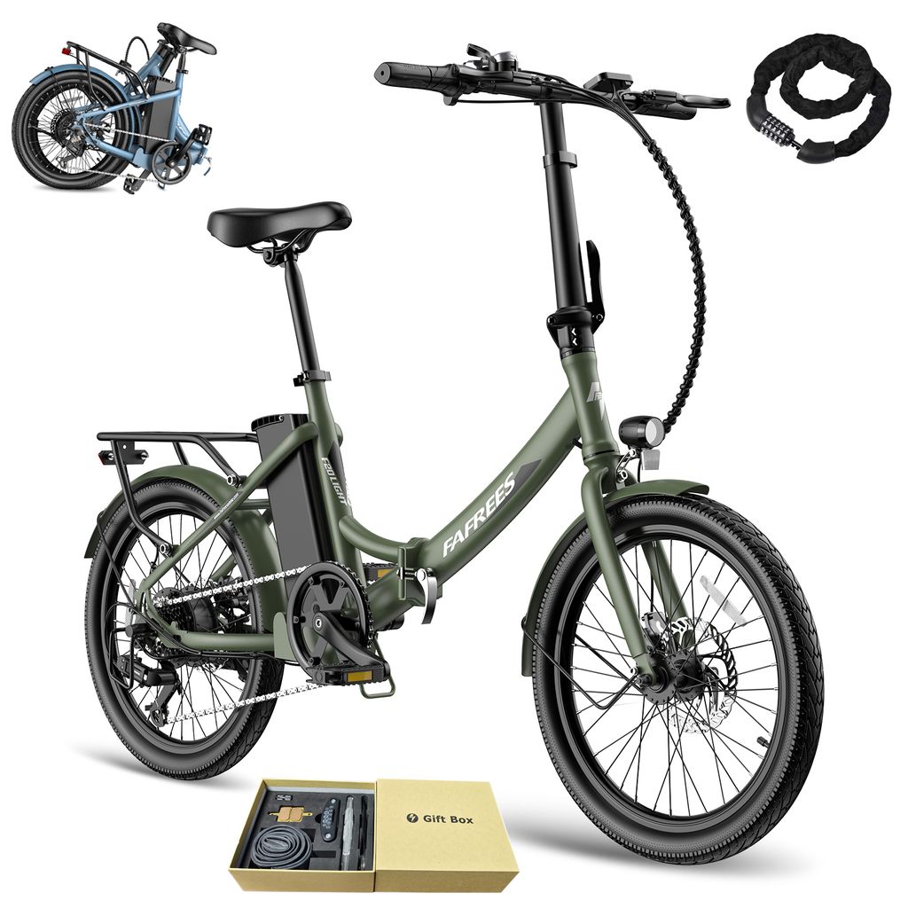 A green folding electric bicycle is displayed on a white background, with accessories and a lock shown separately.