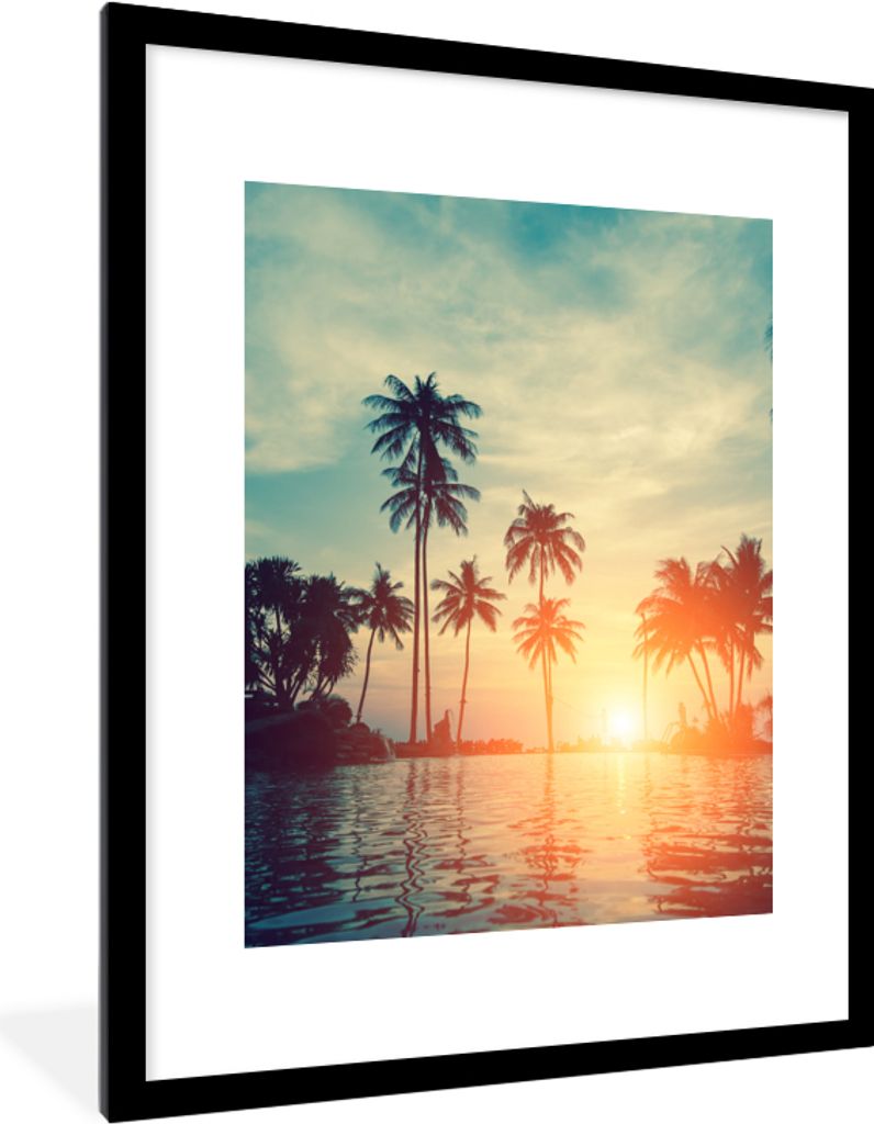 MuchoWow Gerahmtes Poster Meer - Sonnenuntergang - Palme - Wolken 60x80 cm - Poster mit Schwarzem Bilderrahmen Wandposter Rahmen Foto Bilder - Wo...