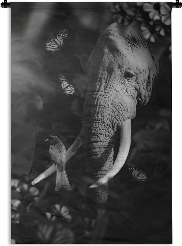 MuchoWow Wandteppich Wandbehang Porträt eines Elefanten und eines Vogels im Dschungel - schwarz und weiß 120x180 cm Tapisserie Dekoration Wandt...