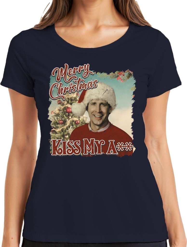 Merry Christmas Clark Griswold Schöne Bescherung Kiss My A - Weihnachten Xmas Damen T-Shirt, Navy, S