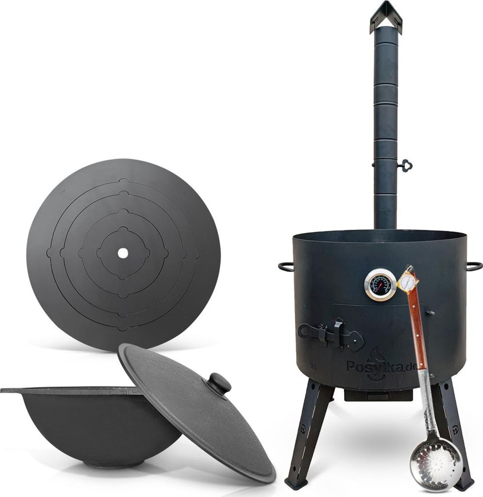 Utschak Uchag Feuerofen 49 cm Herdplatte 4mm Usbekische Kazan 22 L Schaumlöffel