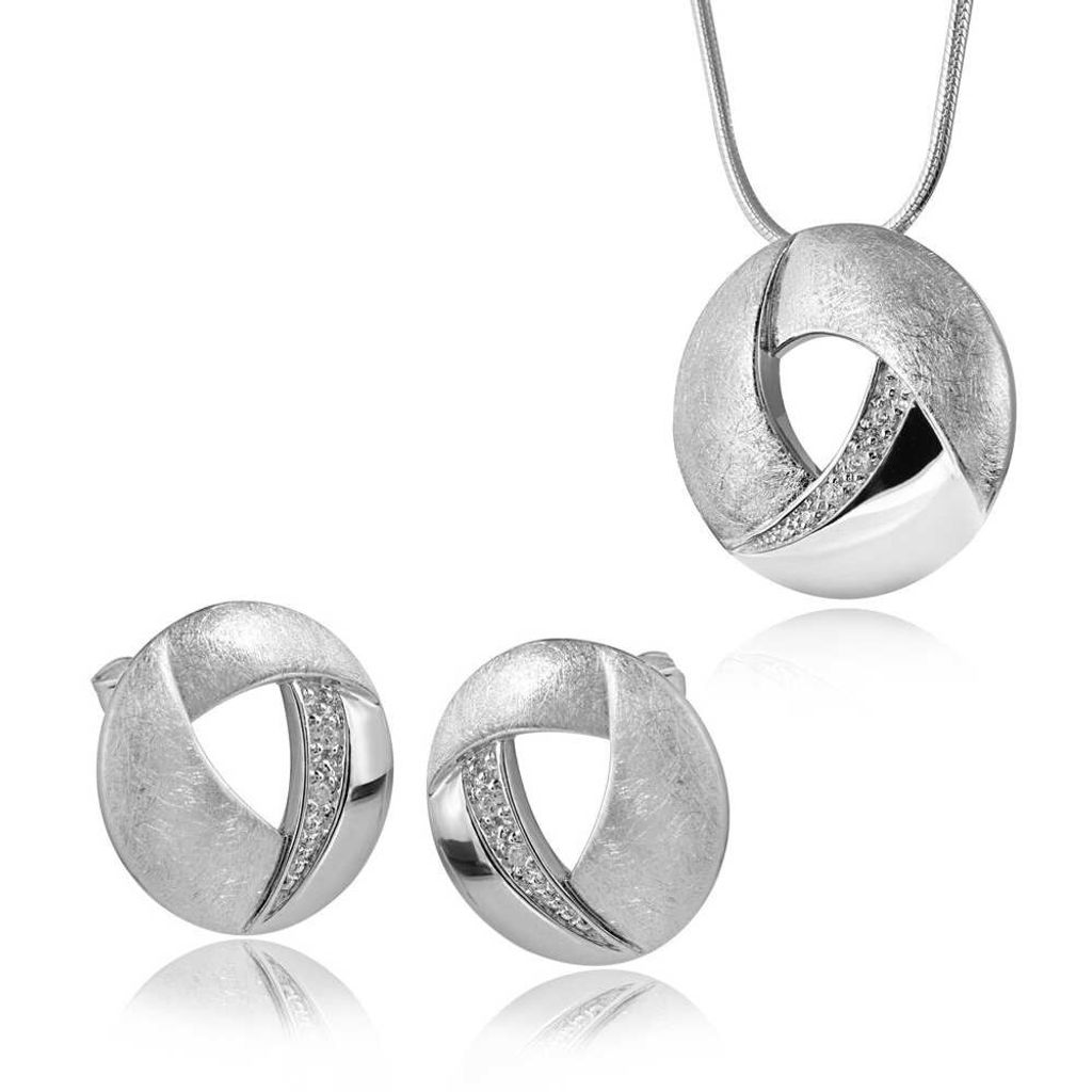 MATERIA 925 Silber Schmuckset - Kette & Zirkonia Ohrstecker & Anhänger rund gebürstet rhodiniert + Box