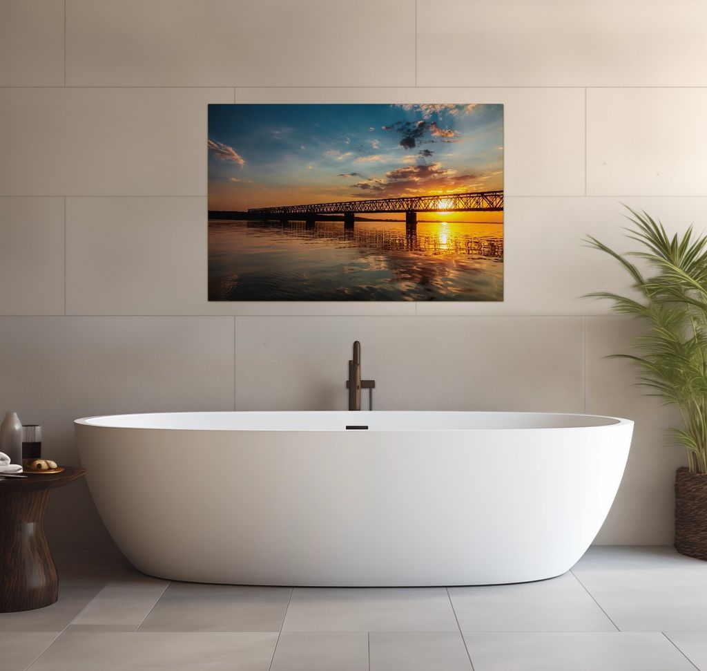 Wallario wasserfestes Poster selbstklebend 91,50 x 61 cm, Brücke bei Sonnenuntergang, Badezimmerposter Spritzschutz mit Hochglanzoberfläche in Gl...