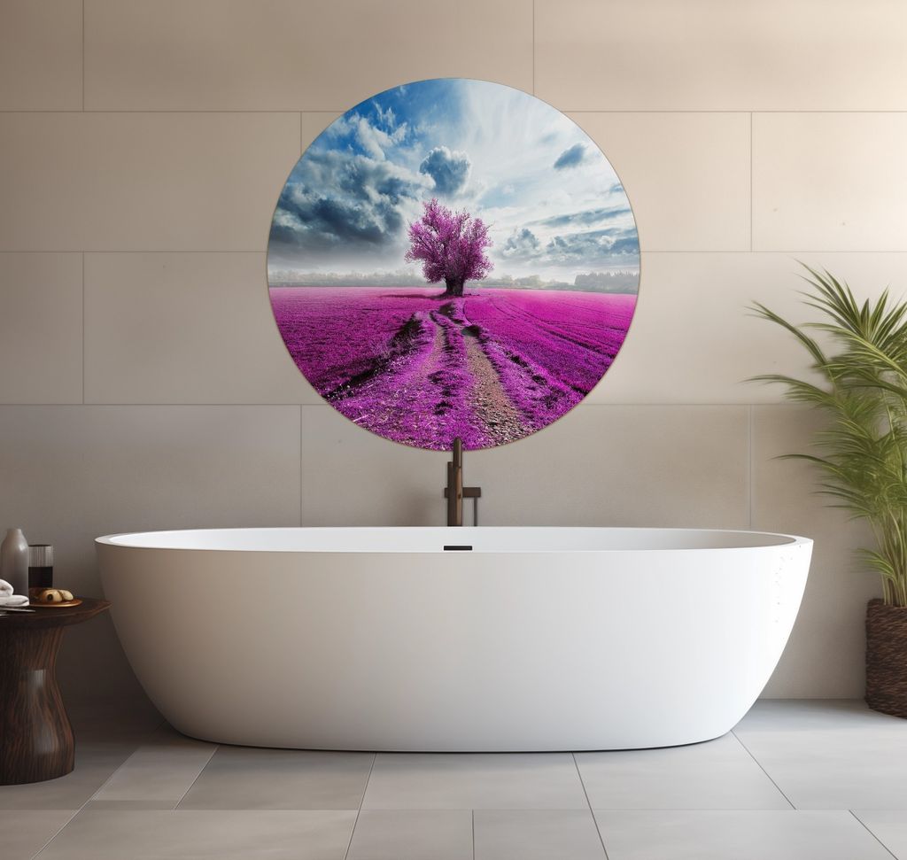Wallario wasserfestes Poster selbstklebend 90 x 90 cm, Surreales Blumenfeld lila Blumen auf dem Feld, Badezimmerposter Spritzschutz mit Hochglanzo...