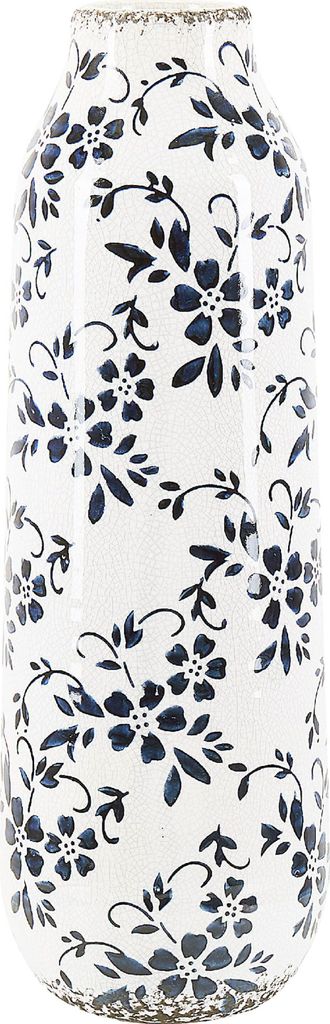BELIANI Blumenvase Weiß Steinzeug Handgefertigt 35 cm hoch mit Blauem Blumenmotiv Wasserdicht Deko Accessoires Wohnzimmer Schlafzimmer Flur Kamin
