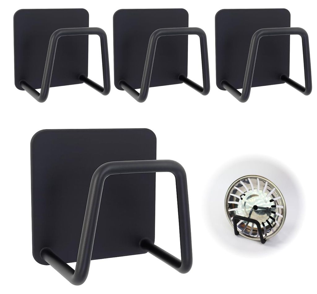 4-teiliges Set Küchenschwammhalter, Edelstahl-Schwammhalter (kein Bohren erforderlich), Wandhalterung für Schwämme und Bürsten, schwarz