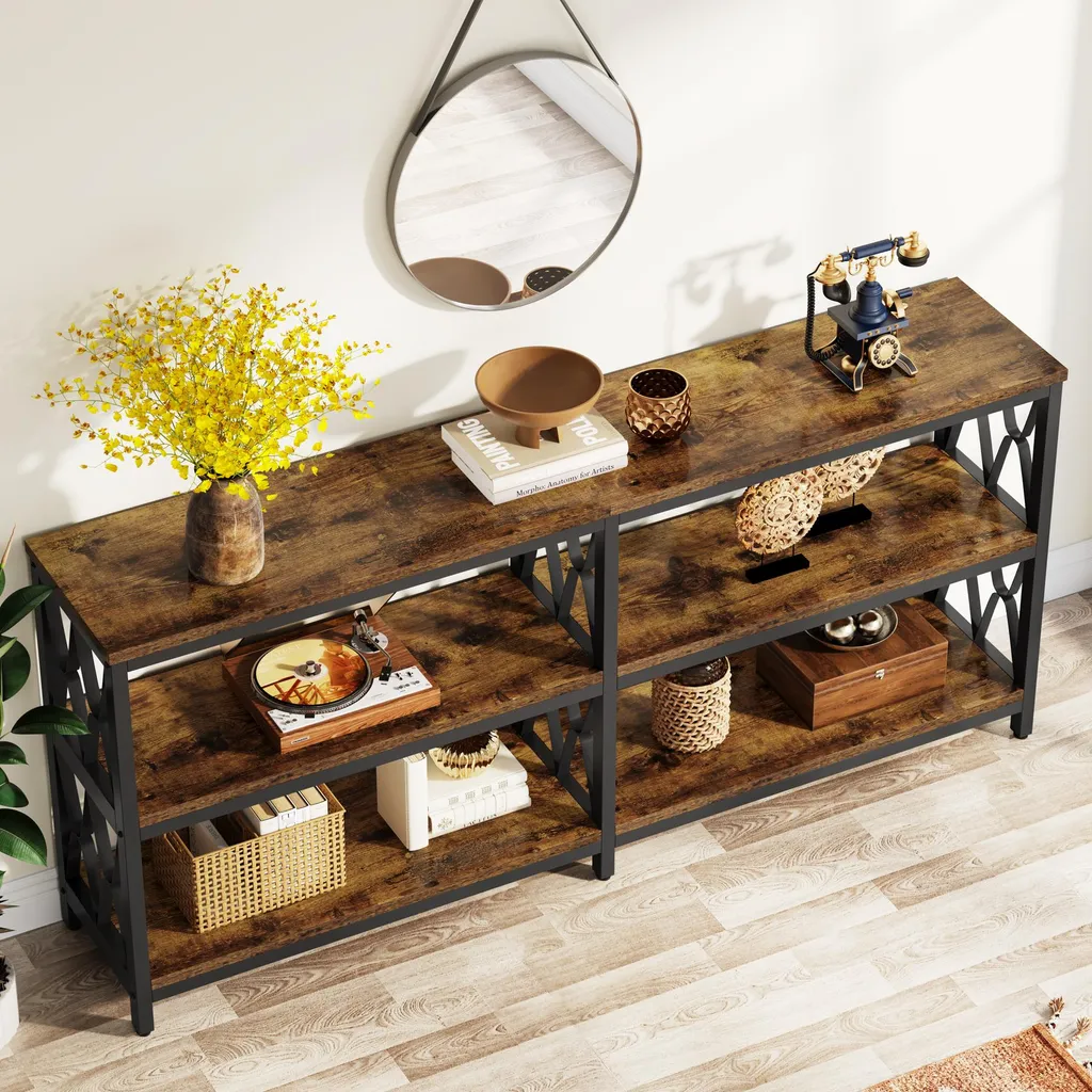 Table console industrielle à 3 niveaux en bois rustique et métal noir - 5