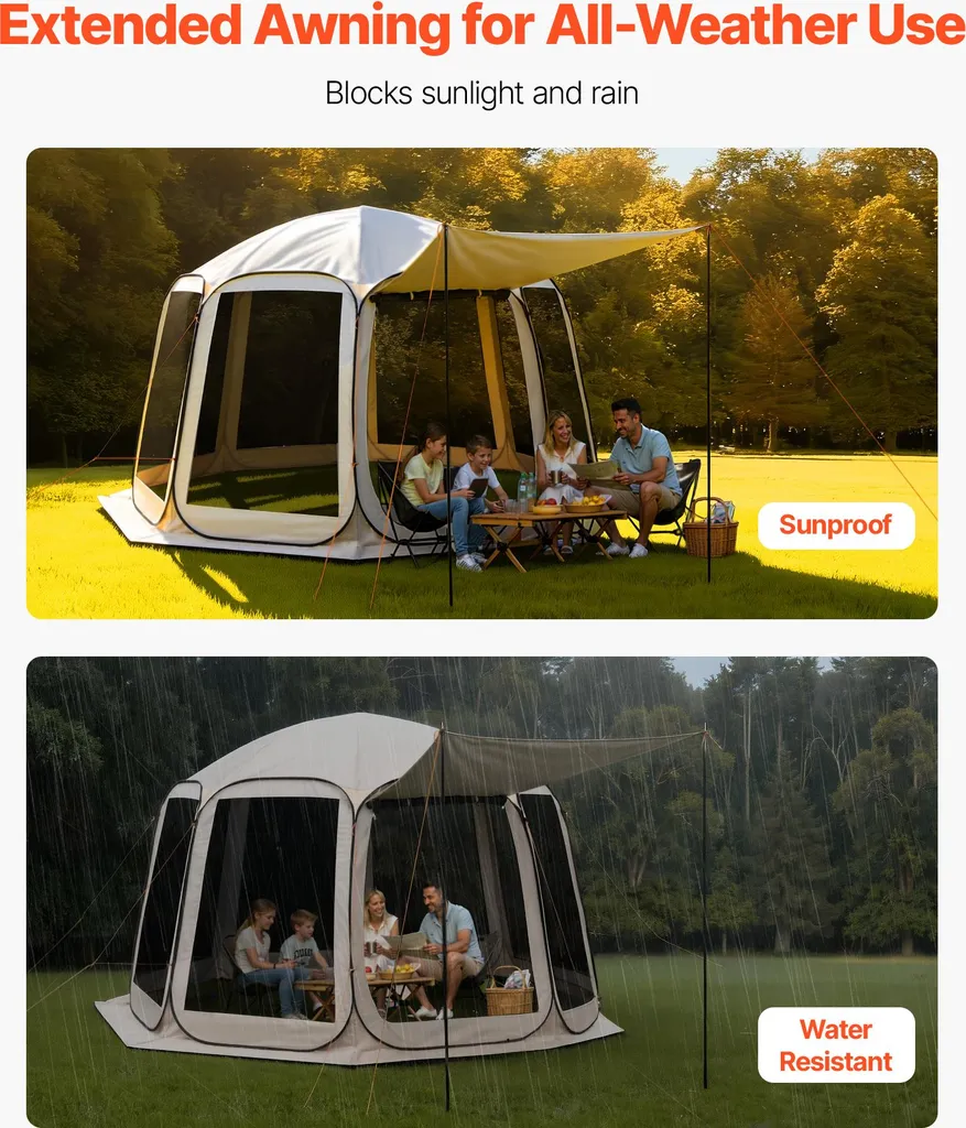 Tenda da campeggio VEVOR, 365,76x335,28x230 cm, tenda pop-up con tenda estensibile, tenda per feste per 10-12 persone, inclusa borsa per il trasporto e pareti laterali in rete, per patio e attività all'aperto, beige - 6