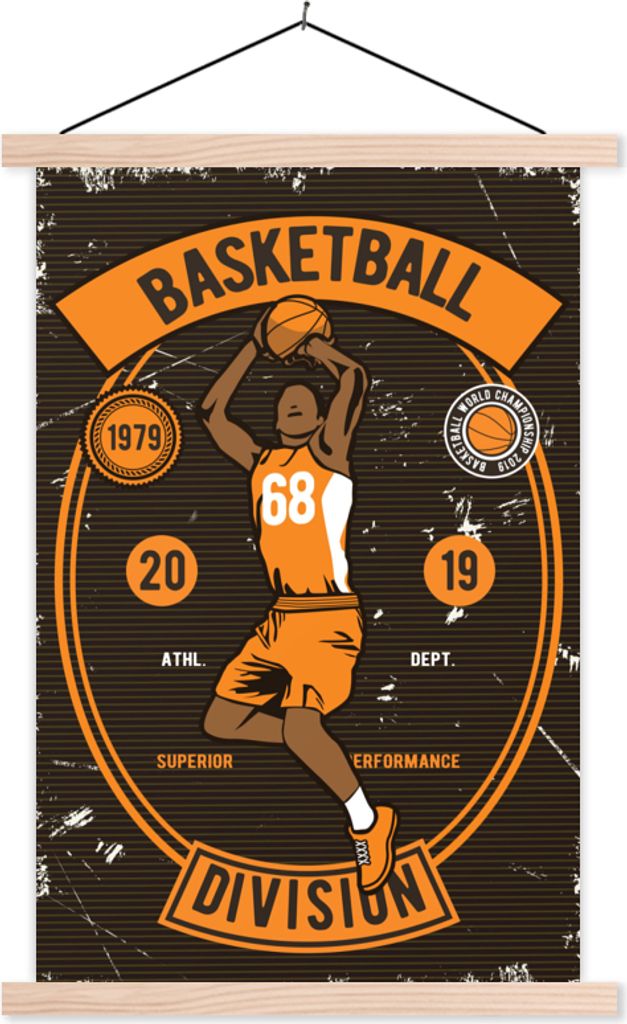 MuchoWow Textilposter Mannshöhle - Basketball - Weinlese 40x60 cm mit holzfarbenen Rahmen - Poster