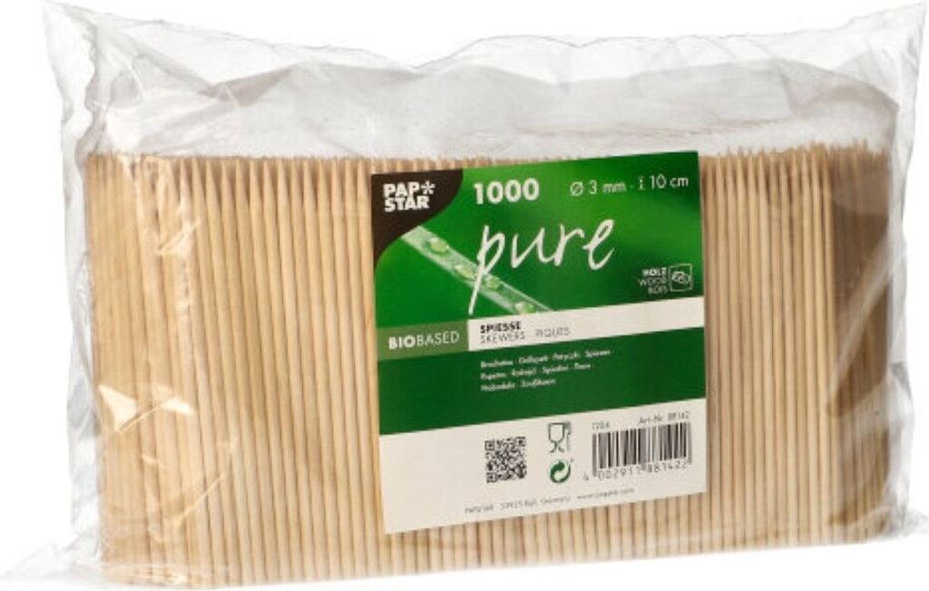 PAPSTAR Fingerfood-Spieße Holz "pure" Ø 3 mm, 10 cm lang | Schrumpffolie (1000 Stück)