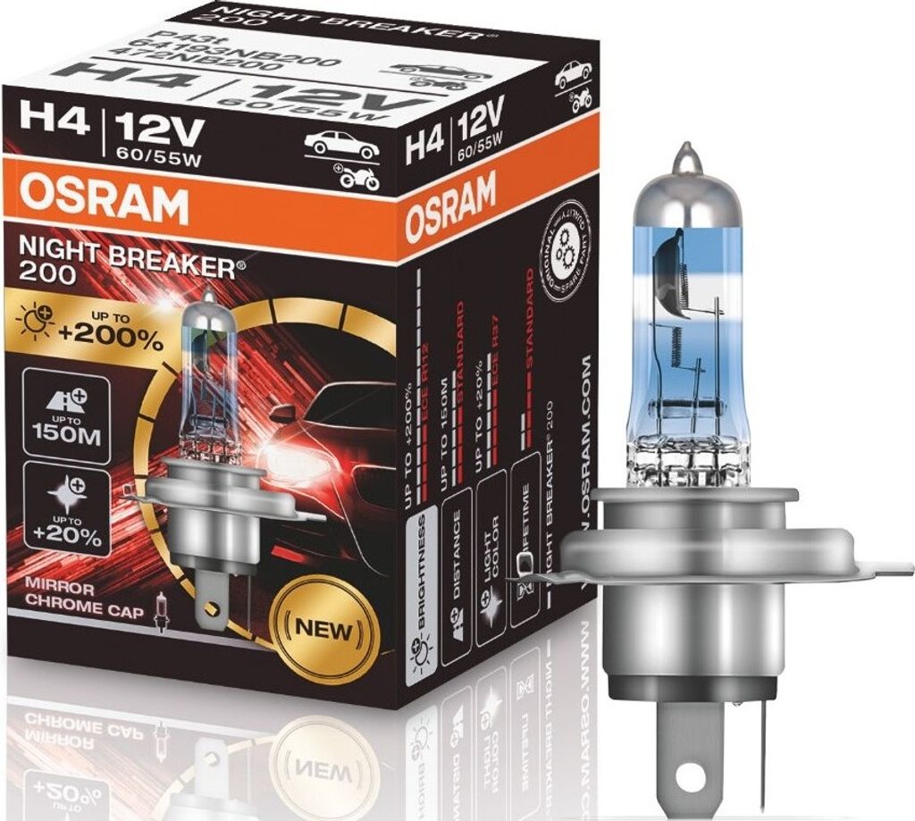 1 Stück OSRAM NIGHT BREAKER 200 +200% Lampen Birnen für Scheinwerfer / Fassung H4 / VERCHROMTE LAMPENSPITZEN