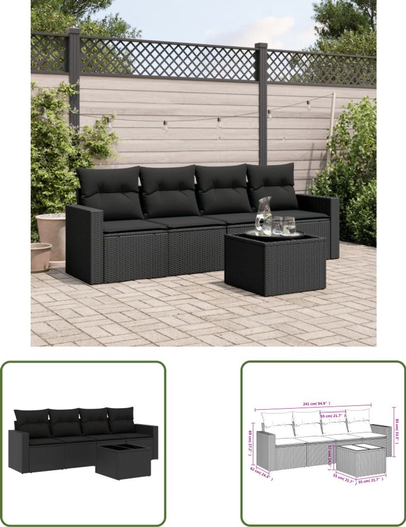 The Living Store 5-tlg. Garten-Sofagarnitur mit Kissen Schwarz Poly Rattan
