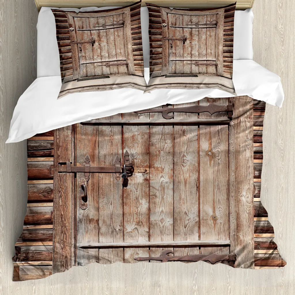 ABAKUHAUS Copripiumino rustico, porta in legno Log House, antiacaro, adatto a chi soffre di allergie, con federe, 200 cm x 200 cm - 80 x 80 cm, marrone
