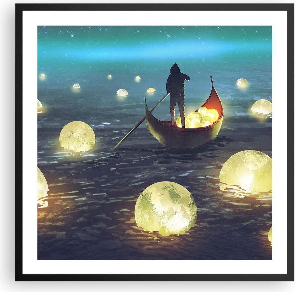 Gerahmtes Poster - Schwarzer Rahmen - Boot Wasser Märchen - 60x60 cm - Wand Bild - Wanddeko - Wandbilder - Kunstposter - Wandposter - Bilderrahmen...