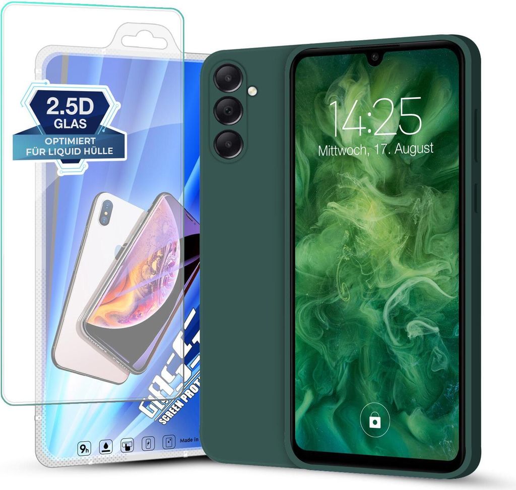 Hülle für Samsung Galaxy A05s mit 9H Displayglas Displayschutz Plus Case Cover Bumper Silikon Softgrip Schutzhülle Farbe: Grün