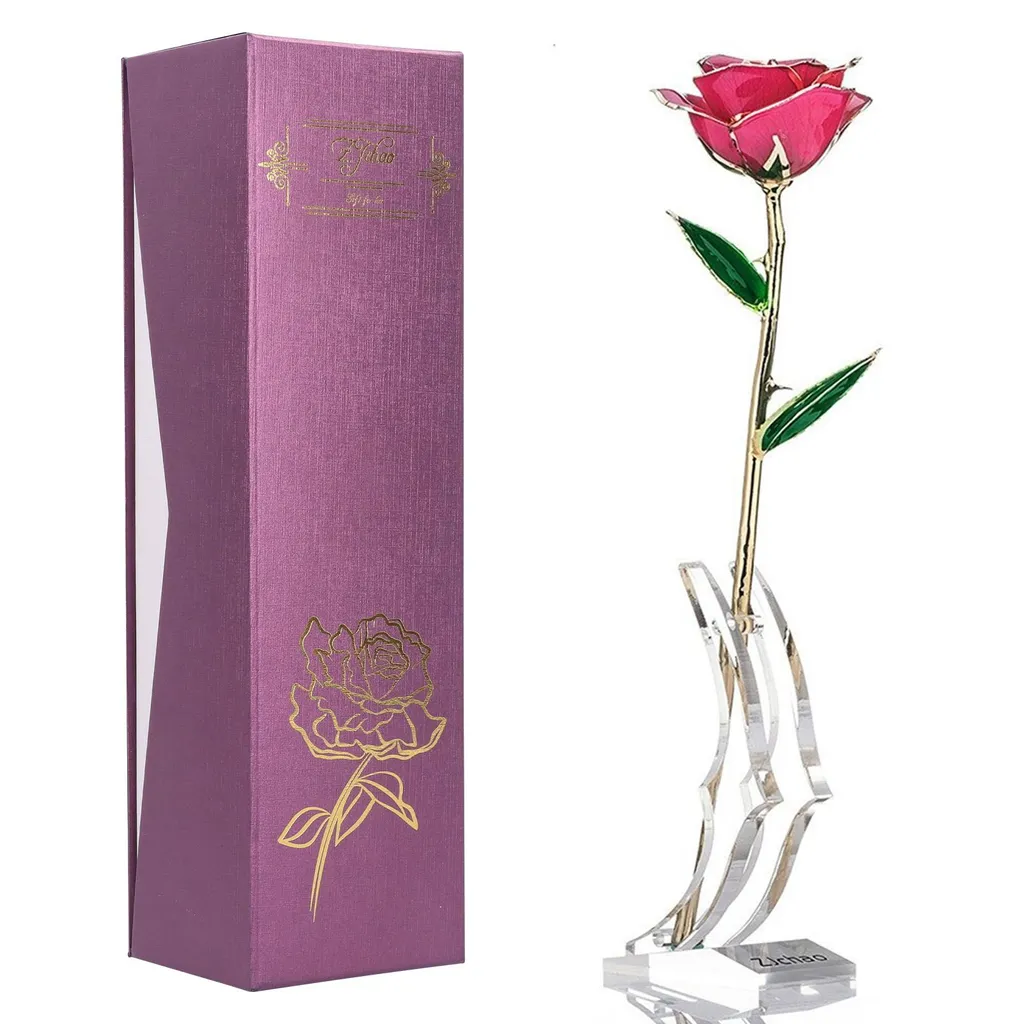 Fiore di Rosa Placcato Oro 24K - Regalo San Valentino con Base Elegante