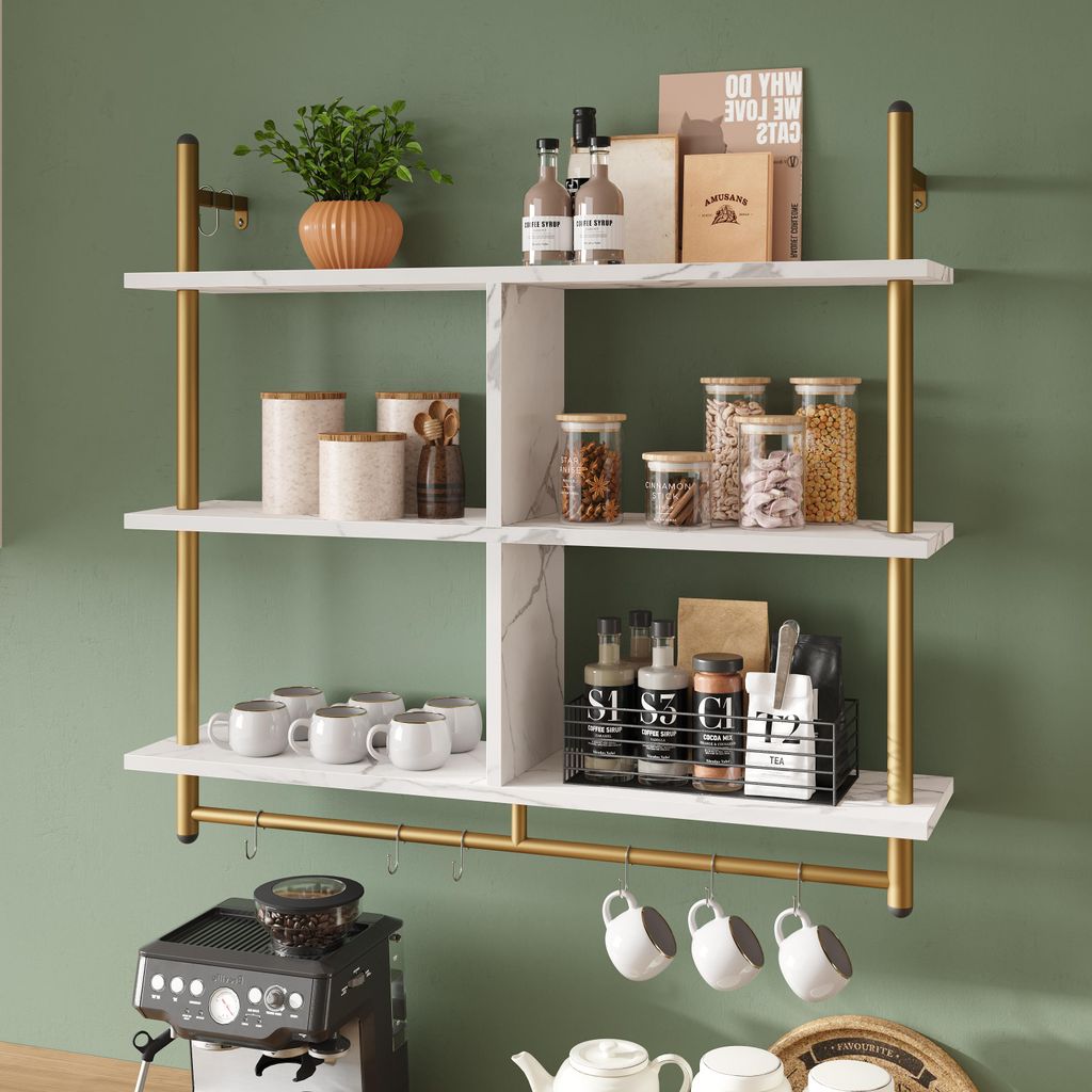 Bestier105,5cm Industrie-Regal Wandmontiertes 3-stufiges Leiterregal mit Rundrohr, wand wandregal, küchen regal, Bücher & Stauraum in Wohnzimmer