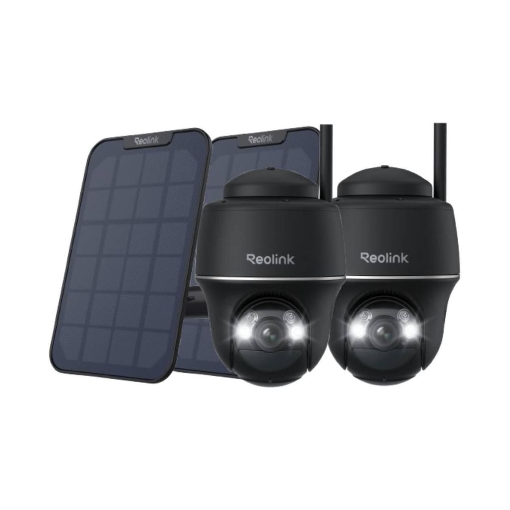 Reolink Argus PT+Solarpanel, 2K+ 5MP PTZ Akku Überwachungskamera Outdoor 2,4/5GHz WiFi, Personen/Fahrzeugerkennung, 2-Wege-Audio, Schwarz, 2 Pack