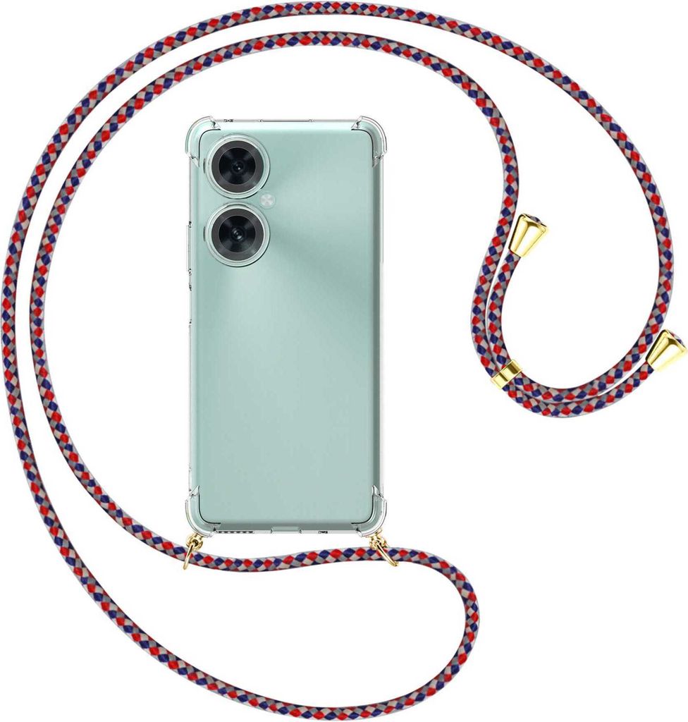 Handykette Backcover-Schutzhülle mit Band (Metall goldfarben) für Huawei nova 11i (MAO-LX9, 6.8'') - silber/blau/rot