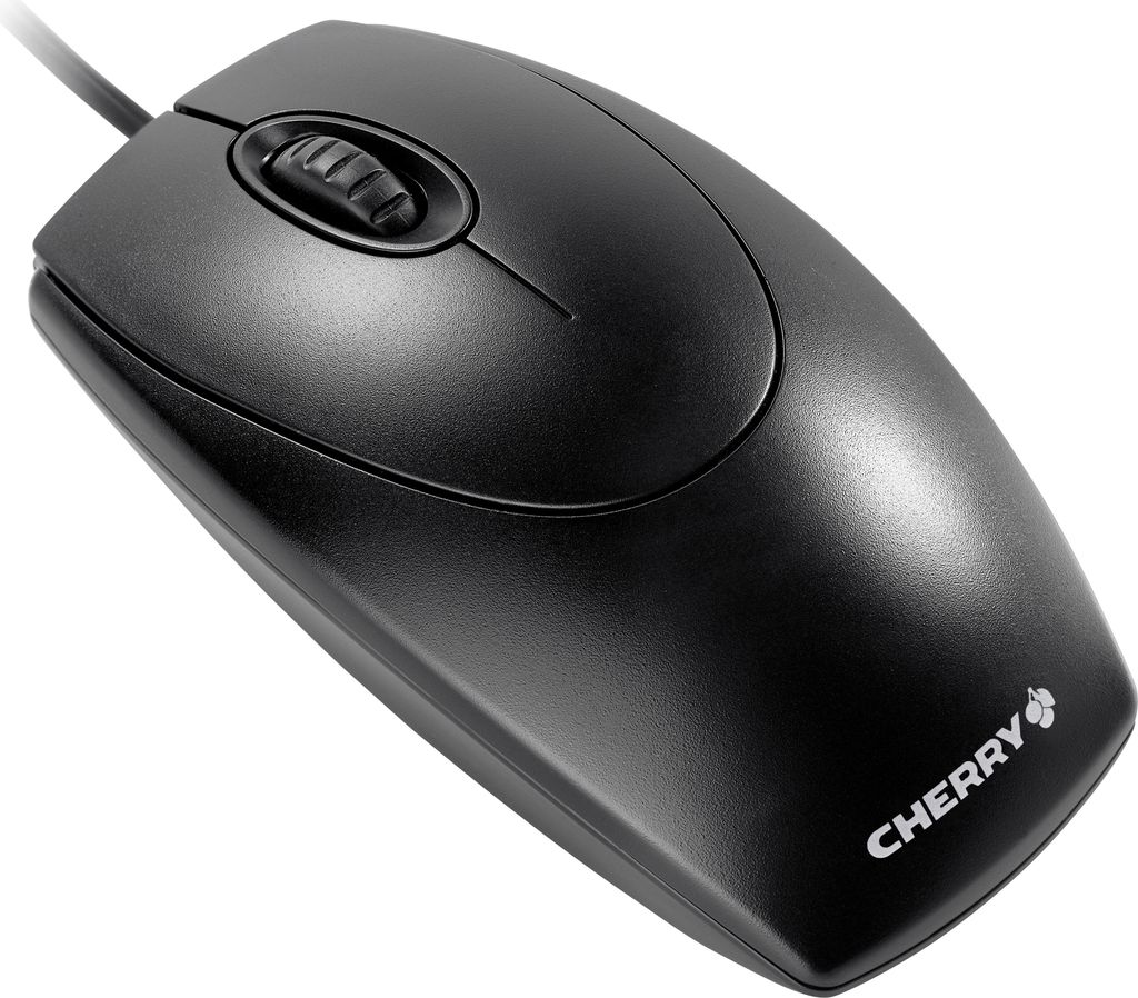 A black wired computer mouse is shown from a diagonal angle against a white background.