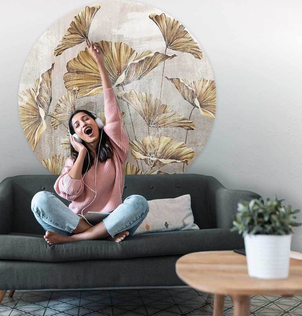 Fototapete Blumen Malerei gold rund, Material:Superior Vlies 350g/qm, Größe Tapete:130cm rund