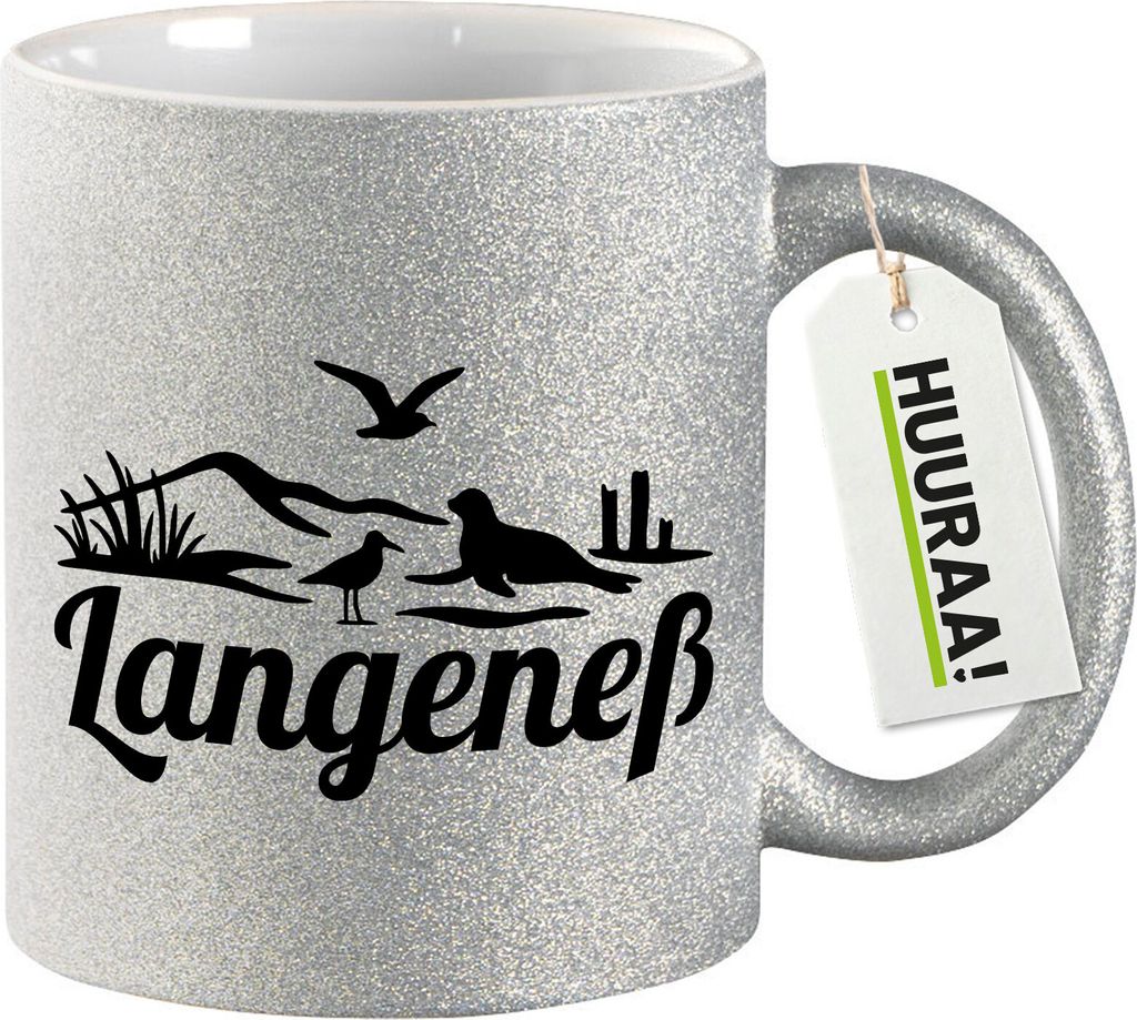 Huuraa Glitzertasse Langeneß Strandmotiv 330ml Silber Keramik Kaffeebecher Geschenkidee