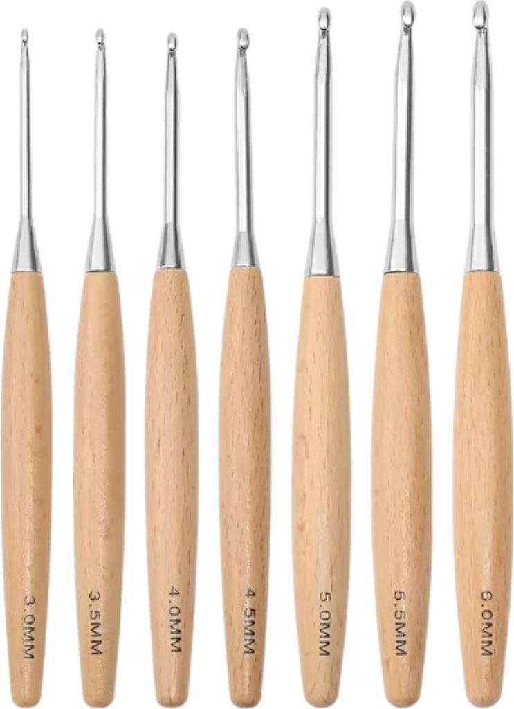 Hilvard Häkelnadeln, Häkeln, Haken, Set mit 7 Teilen, Ergonomischer Griff, Inklusive Tasche, 3 mm bis 6 mm, Holzoberfläche
