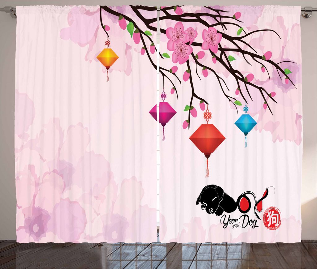 ABAKUHAUS Jahr des Hundes Rustikaler Gardine, Mondneujahr, Schlafzimmer Kräuselband Vorhang mit Schlaufen und Haken, 280 x 225 cm, Mehrfarbig