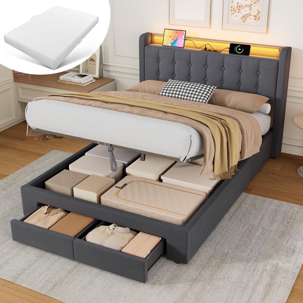 STILVORA Polsterbett 140x200 cm mit Matratze Jugendbett Mit USB-Anschluss & LED-Lichtband –Bettgestell mit Schubladen und Steckdosen, Grau