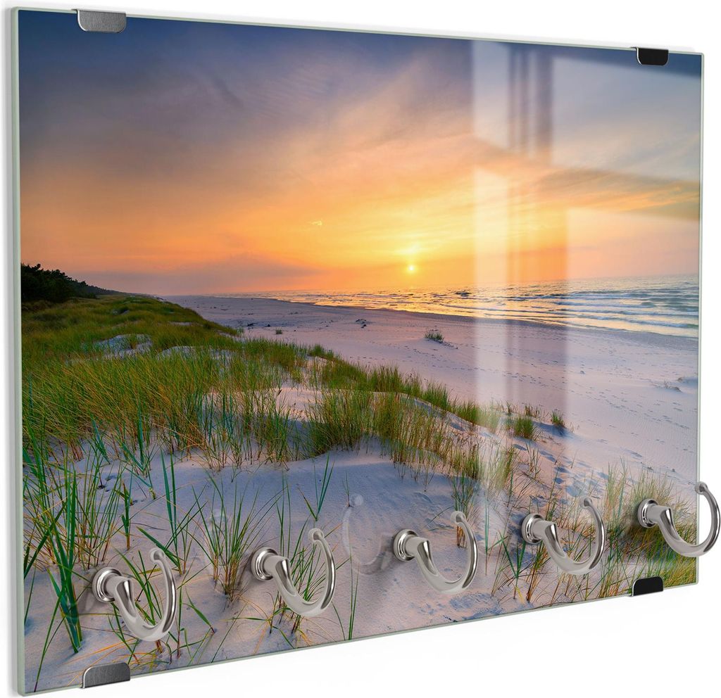 DEQORI Schlüsselbrett Glas 30x20 cm 'Sonne sinkt über Ostsee' Schlüssel Halter Haken