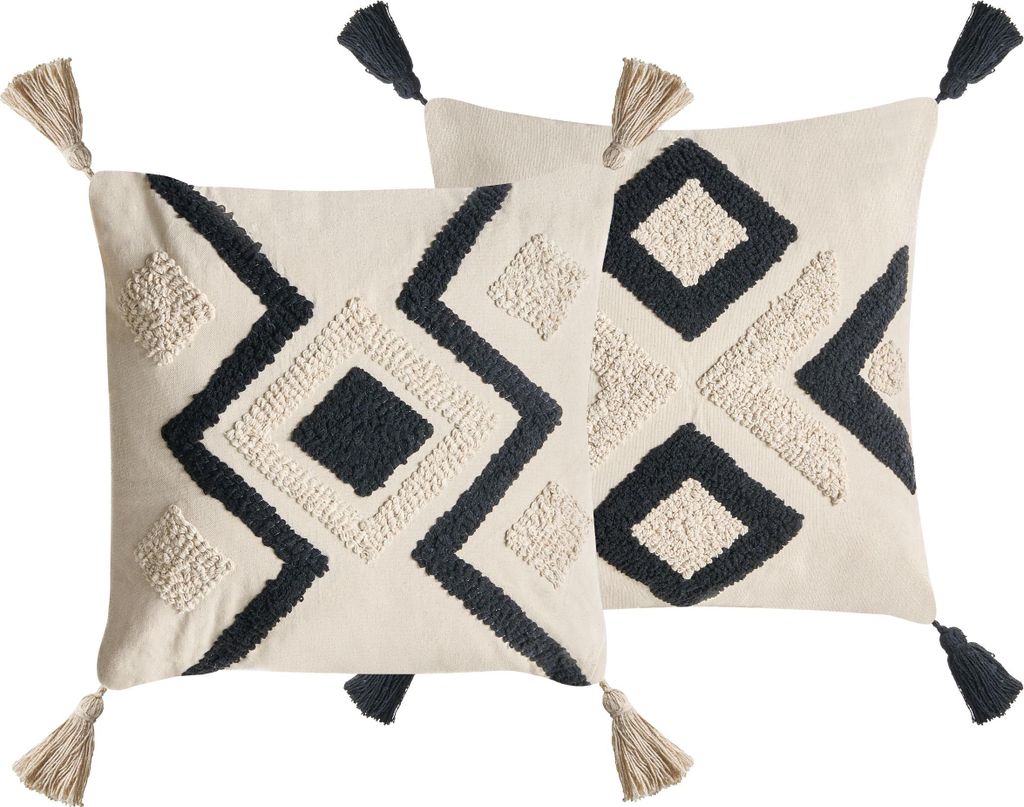 BELIANI Dekokissen 2er Set Beige u. Schwarz Baumwollbezug mit Füllung 45x45 cm Strukturiert Geometrisches Muster Boho für Wohnzimmer Schlafzimmer...