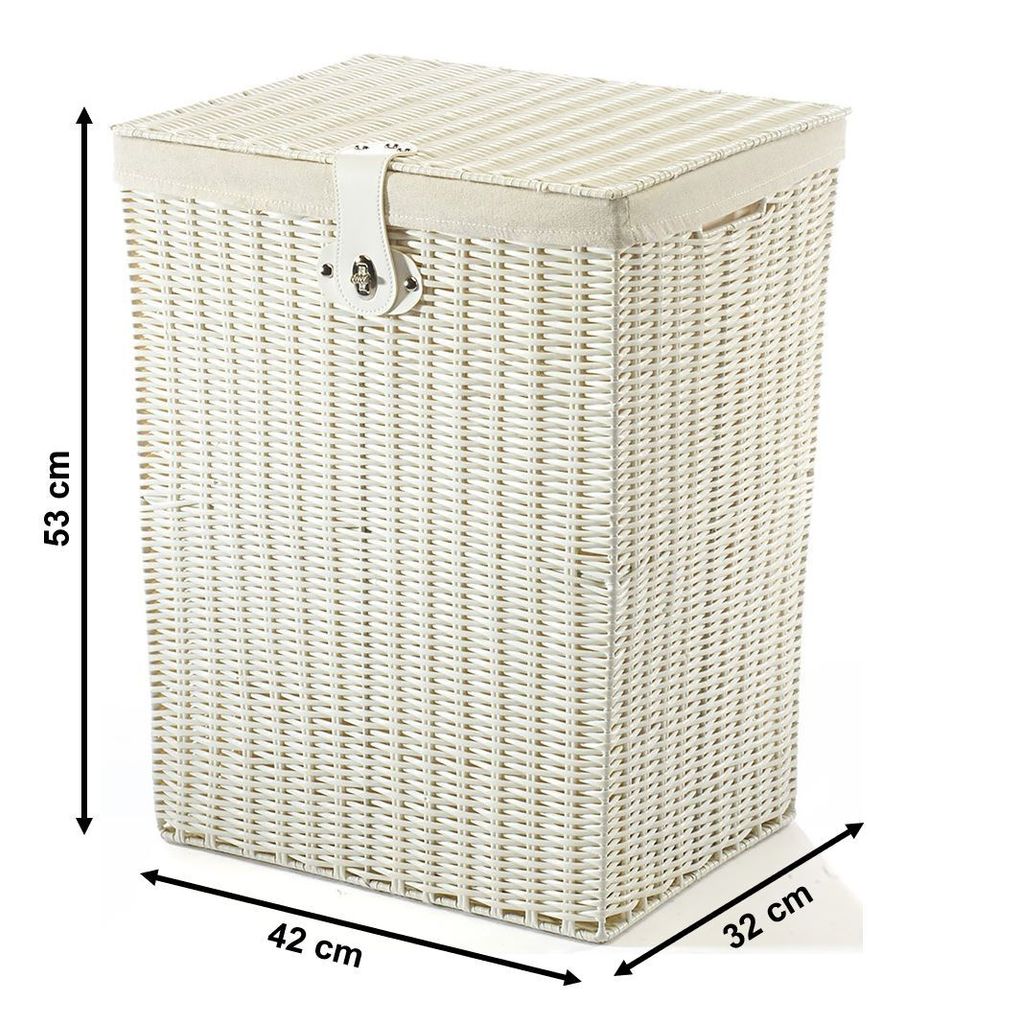 A white wicker laundry basket with a beige fabric liner and a metal clasp on the lid, shown with dimensions indicated by measurement lines and text.