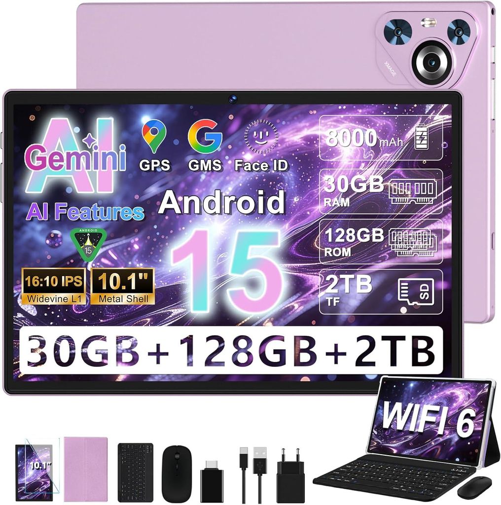 2026 Android 15 Tablet 10.1" Zoll IPS HD, 30GB RAM 128GB Speicher erweiterbar 2TB, Octa-Core, 8000mAh, WiFi 6,Face ID,Widevine L1,mit Tastatur & Maus