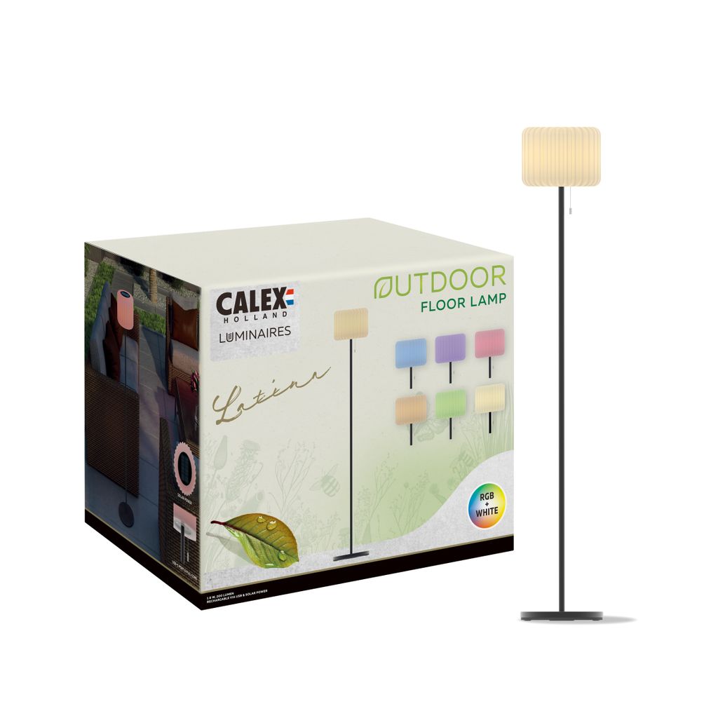 Calex Outdoor RGB Stehlampe Latina, Solar Lampe Wiederaufladbar, Kabellose Stehleuchte 150cm, Wasserdicht IP44, Dimmbar Warmweißes Licht & 16 Millionen Farben, Batterie, Kordelzug, Stimmungsvolle Dekoration für Garten, Schwarz