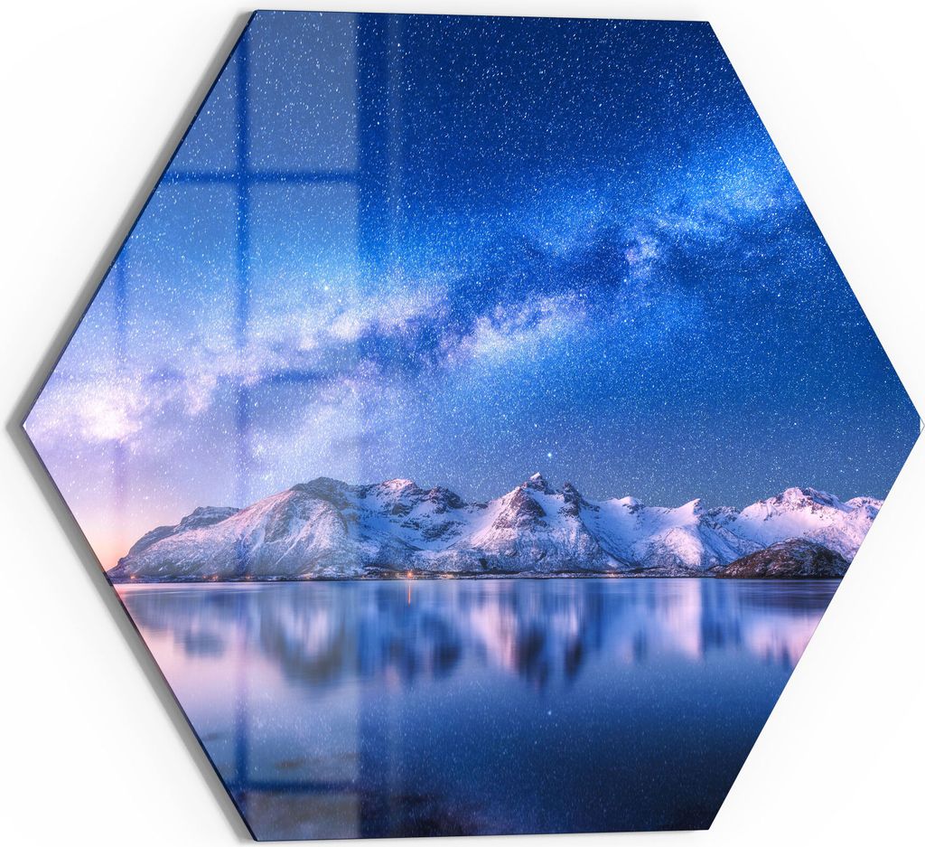 DEQORI Glasbild Echtglas 55x48 cm 'Galaxis über Fjord' Wandbild Bild modern Deko