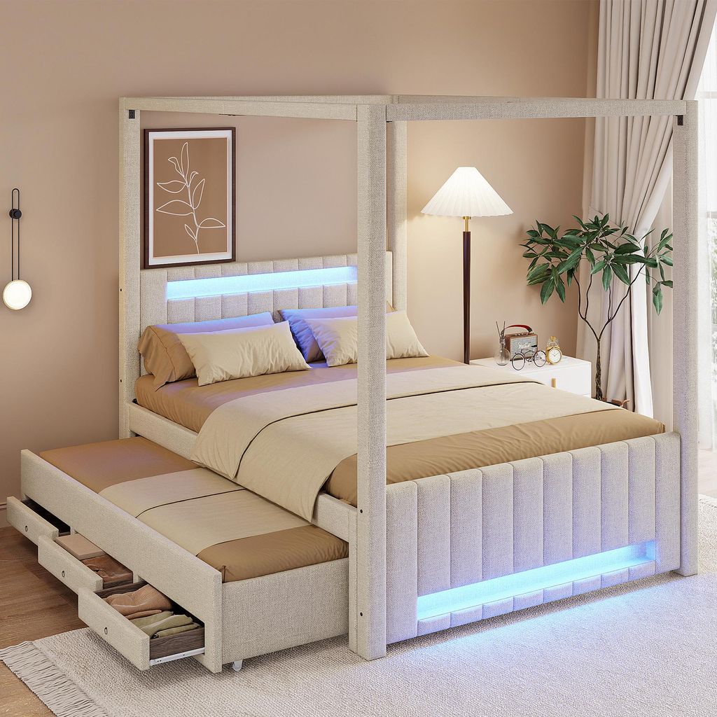 MODFU Polsterbett 140x200 Himmelbett mit LED-Beleuchtung Jugendbett mit Schubladen Doppelbett mit Ausziehbett mit einer Matratze Beige