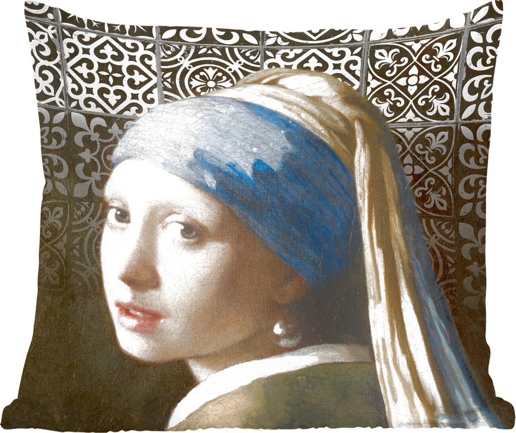 MuchoWow Zierkissen Sofakissen Wohnzimmer Dekokissen 40x40 cm Vermeer - Mädchen mit Perlenohrring - Kacheln - Foto Kissen - Schlafzimmer Dekoration